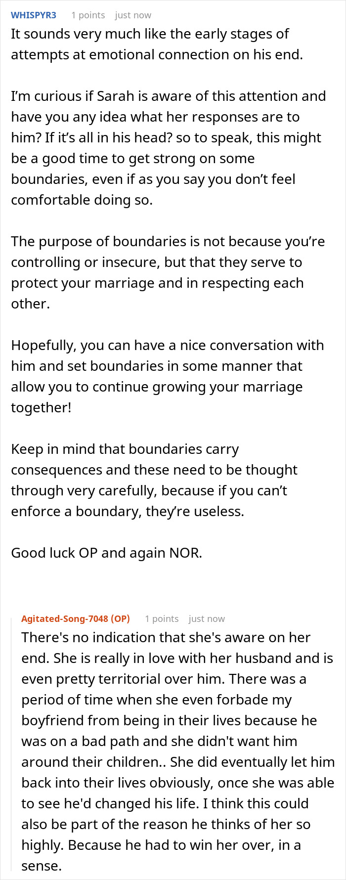 Online discussion about arrogant guy comparing his devoted girlfriend to another man's wife causing her to feel second best.