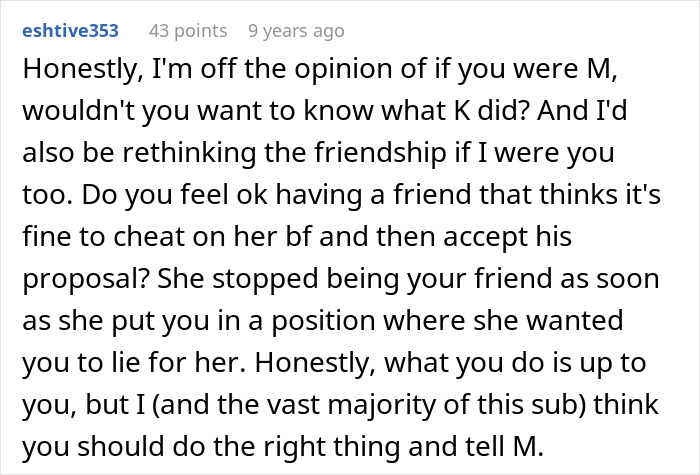 Comment discussing a friend threatening to expose a cheater who hides a one night stand from her boyfriend.