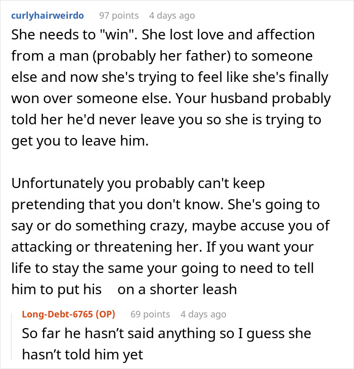 Comment discussing a woman dealing with her husband's mistress who keeps trying to contact her despite attempts to ignore.