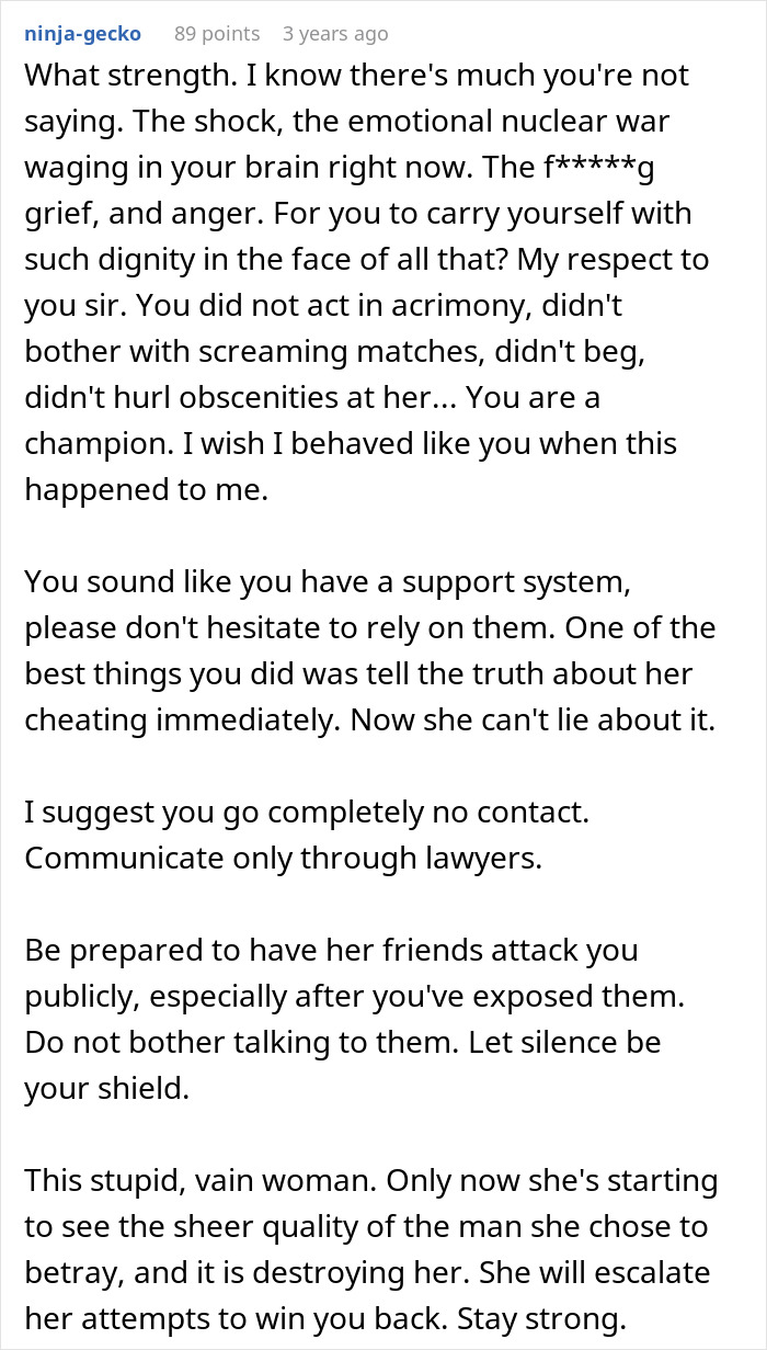 Screenshot of a Reddit comment offering support and advice after a woman admits to cheating multiple times.