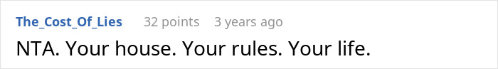 Screenshot of an online comment discussing house ownership and family reactions to buying a house secretly.