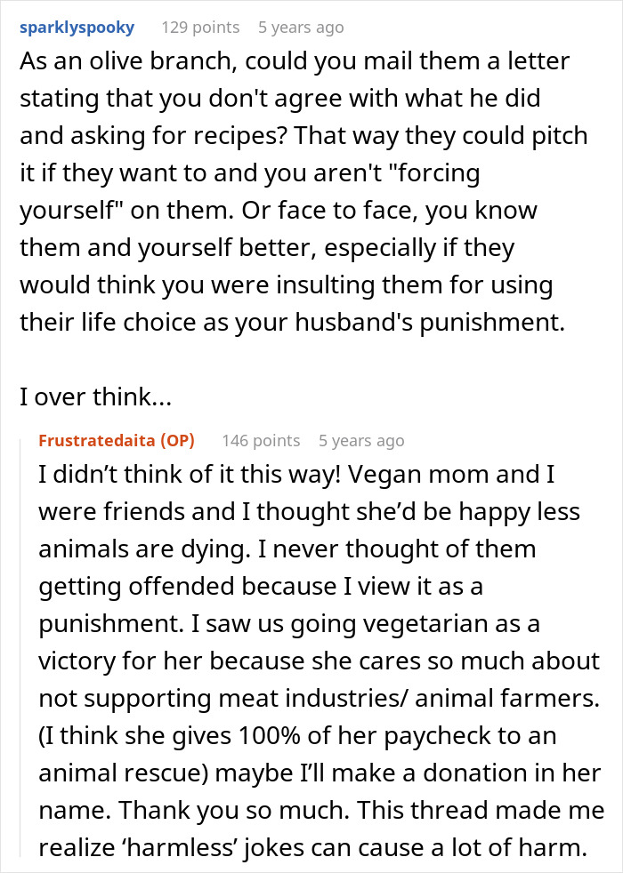 Screenshot of an online discussion about a wife punishing a vegan-hating husband affecting their daughter's friendship.