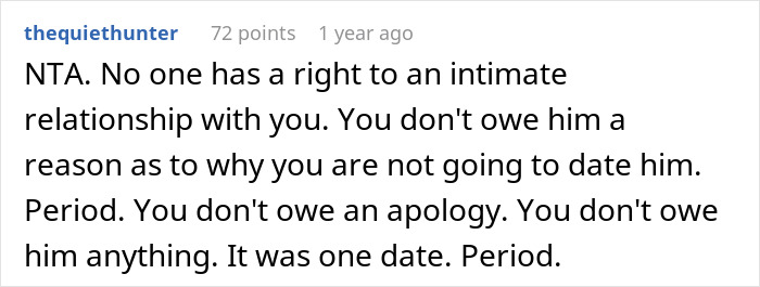Screenshot of a Reddit comment explaining boundaries in a young woman single dad date after one date, emphasizing no obligation or apology.