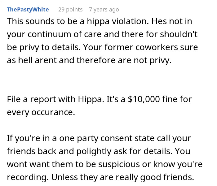 User comment about potential HIPAA violation and coworkers knowing personal details, discussing privacy and legal advice.