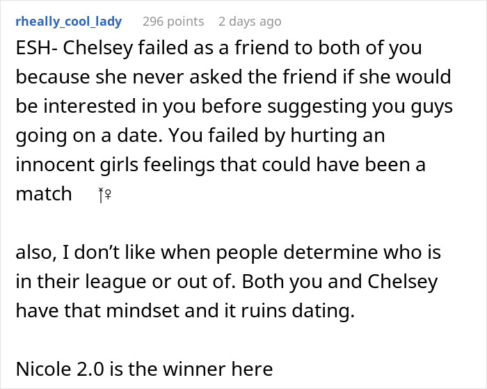 Text post with a comment discussing a lady hyping up her stunner friend to a single coworker who ends up ambushed on a date.
