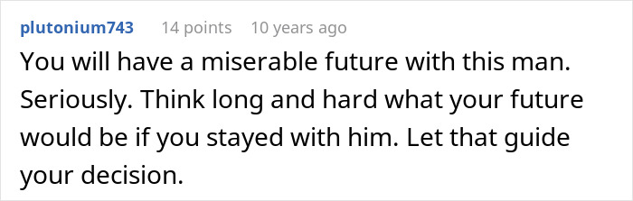 Comment text on a white background discussing a miserable future with a man, reflecting on decisions and relationships.