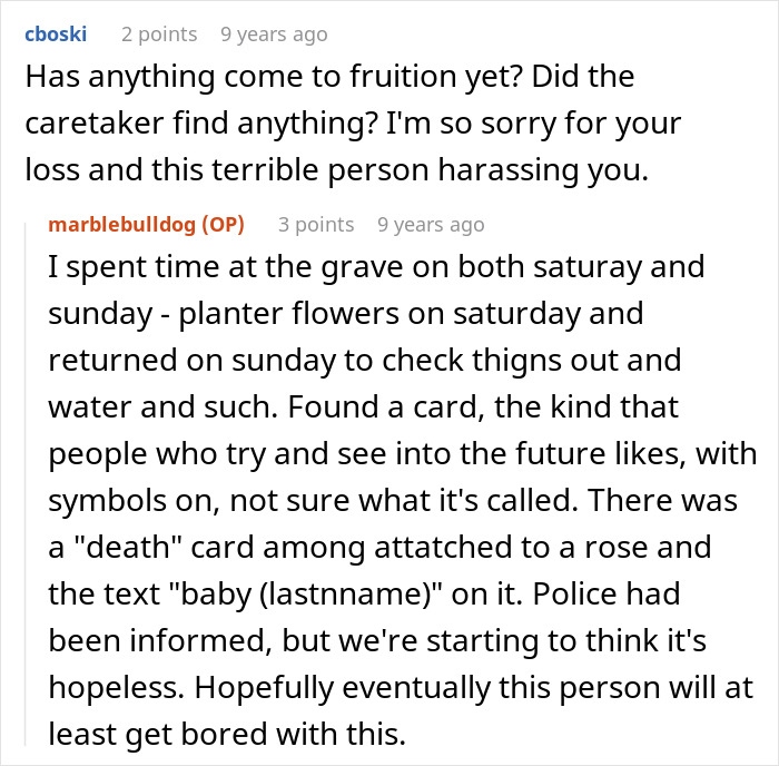Screenshot of an online discussion about a man losing his mind as a secret enemy vandalizes his daughter's grave.