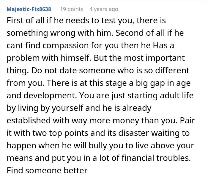 Comment discussing a gold digger test situation, warning about financial and emotional risks in mismatched relationships.