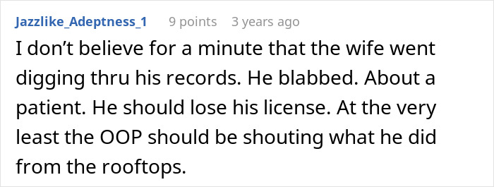 Reddit comment expressing disbelief about therapist sharing patient info, linking to coworker knowledge and boss's husband.