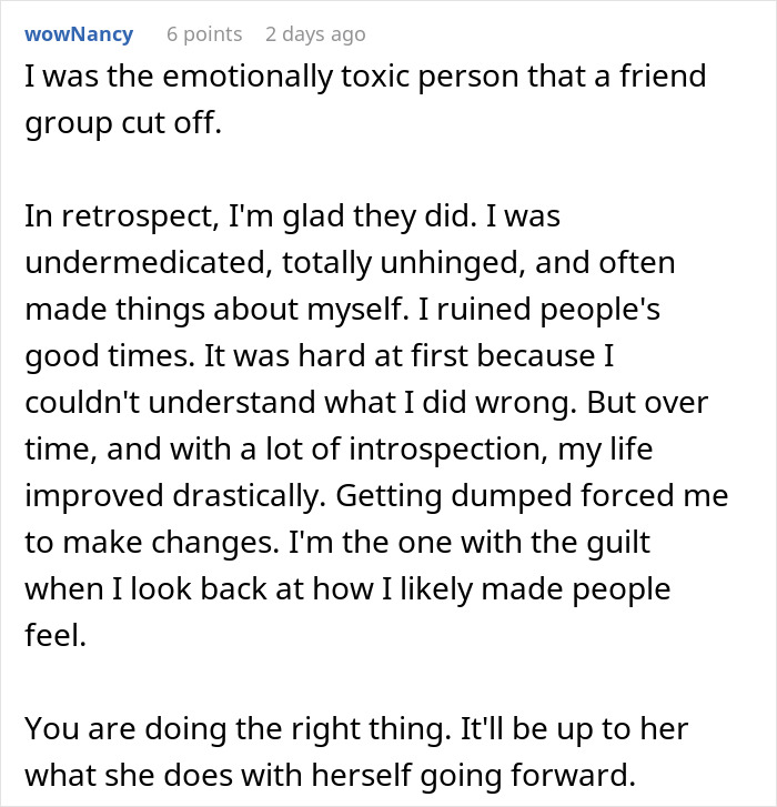 Text post discussing emotional toxicity in friendships and personal growth after being blocked, reflecting on making a friend fall in love.