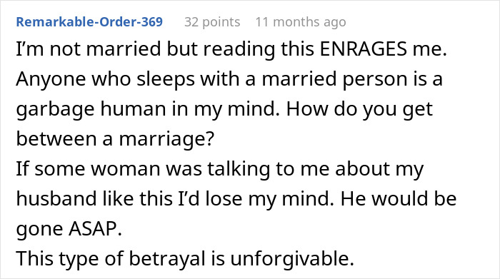 Comment expressing anger about a woman who sleeps with a married man and causes marriage betrayal.