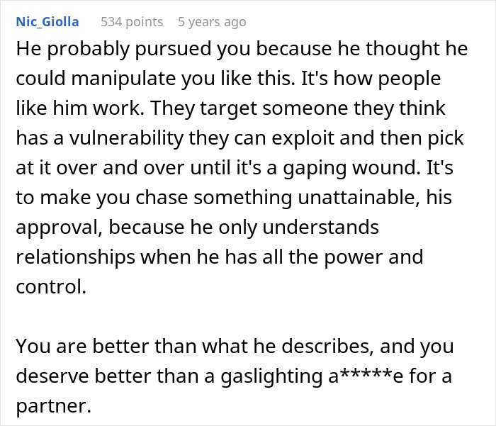 Comment discussing how a man pursues a woman to control her and nag her every day about losing weight.