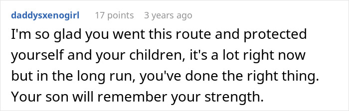 Comment praising a mom for protecting herself and children, highlighting her strength during a chaotic family situation.