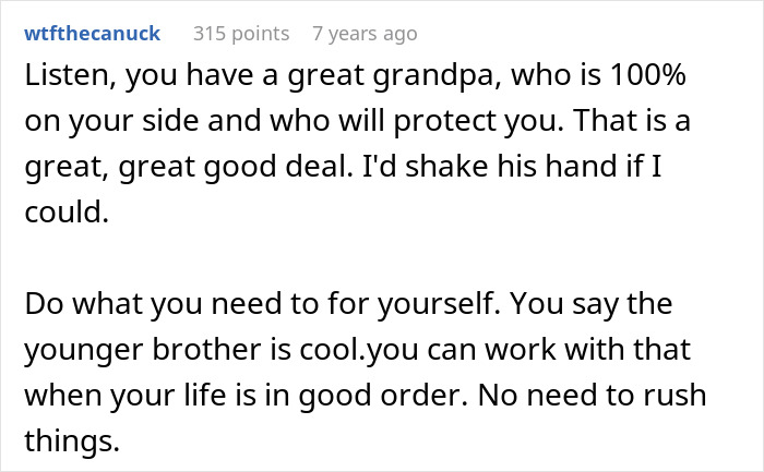 Comment by user wfthecanuck offering supportive advice about family relationships and protecting younger siblings.