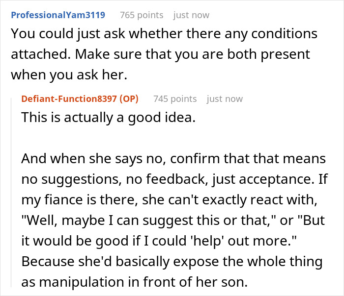 Screenshot of a discussion about a bride refusing MIL&rsquo;s $25K wedding gift and debating if it&rsquo;s an olive branch or trap.