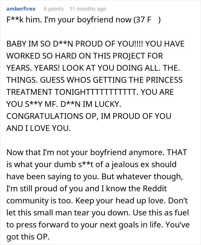 Comment supporting woman after man dismisses girlfriend&rsquo;s major career milestone, accusing her of sleeping her way to success.