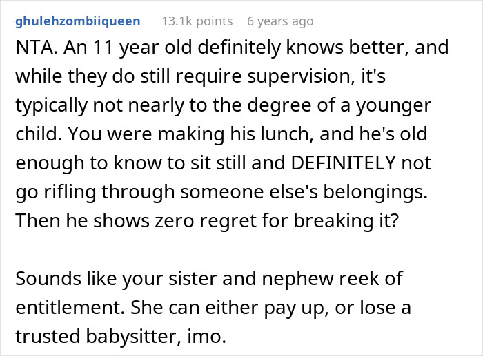 Comment discussing an 11-year-old breaking aunt&rsquo;s PS4 and the mom refusing to replace it due to lack of responsibility.