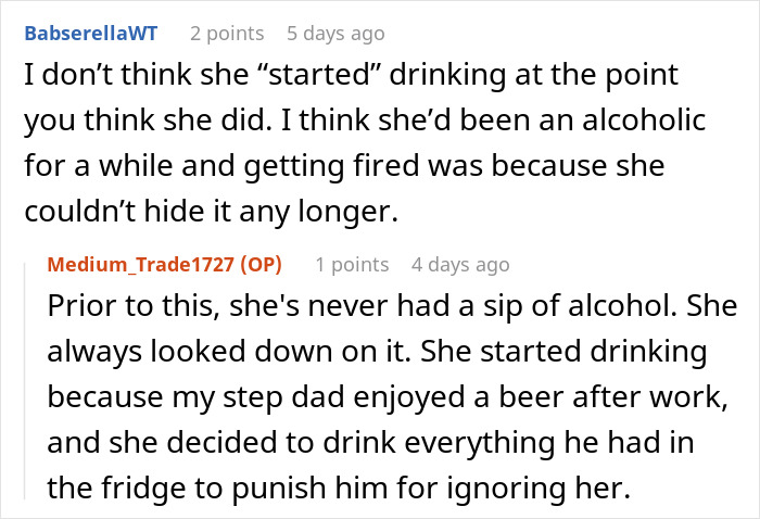 Reddit users discuss a mom&rsquo;s drinking problem linked to work stress and family relationship drama.