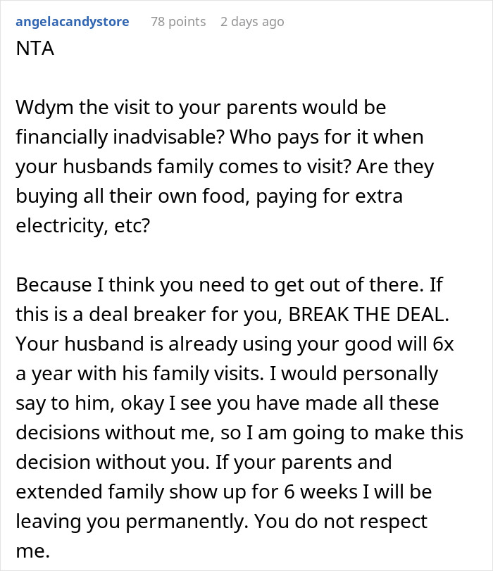 Reddit comment discussing financial and emotional strain from husband approving family&rsquo;s six-week stay without consulting wife.
