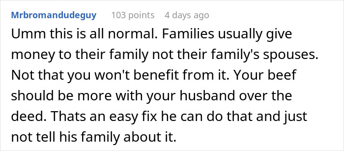 Screenshot of a user comment discussing families giving money to their own family, not the spouse, in a relationship context.