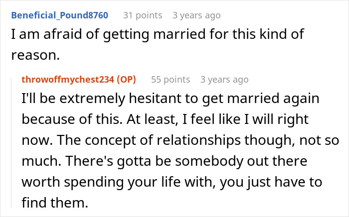 Screenshot of a Reddit conversation discussing fear of marriage after a woman admits to cheating multiple times for variety.