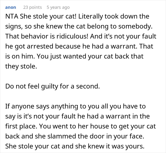 Comment defending woman for confronting neighbors about stolen cat involving her sheriff dad.