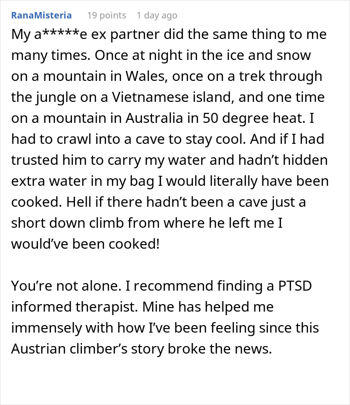 Comment describing experiences of men abandoning partners during outdoor activities, referencing extreme heat and trust issues.