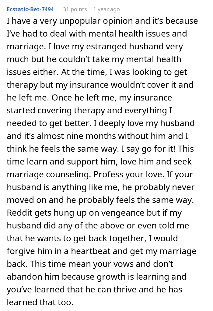 Screenshot of a Reddit comment sharing a heartfelt love story about reconnecting with an ex and personal growth.