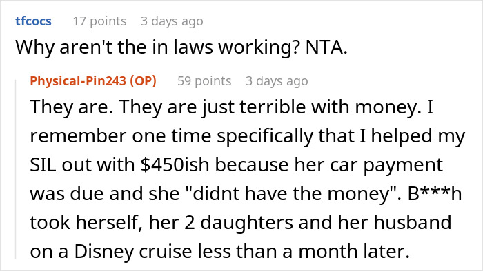 Reddit conversation highlighting a woman confronting husband's entitled family for criticizing her job status. Reddit conversation highlighting a woman confronting husband's entitled family for criticizing her job status.