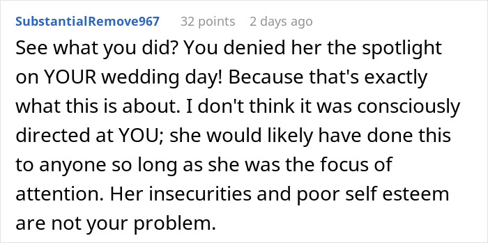 Comment on a wedding post discussing a woman wanting to wear a white dress, with focus on wedding day attention and insecurity issues.