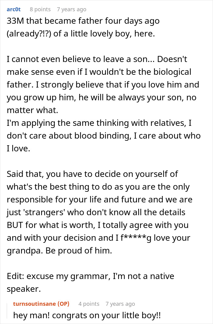 Comment discussing emotions and decisions after DNA lab mix-up in paternity results revealing mistaken fatherhood.