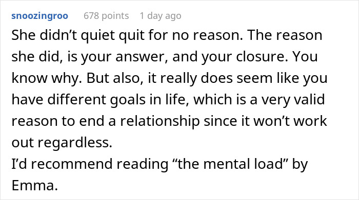 Screenshot of a Reddit comment discussing relationship closure and different life goals after fianc&eacute;e left him.