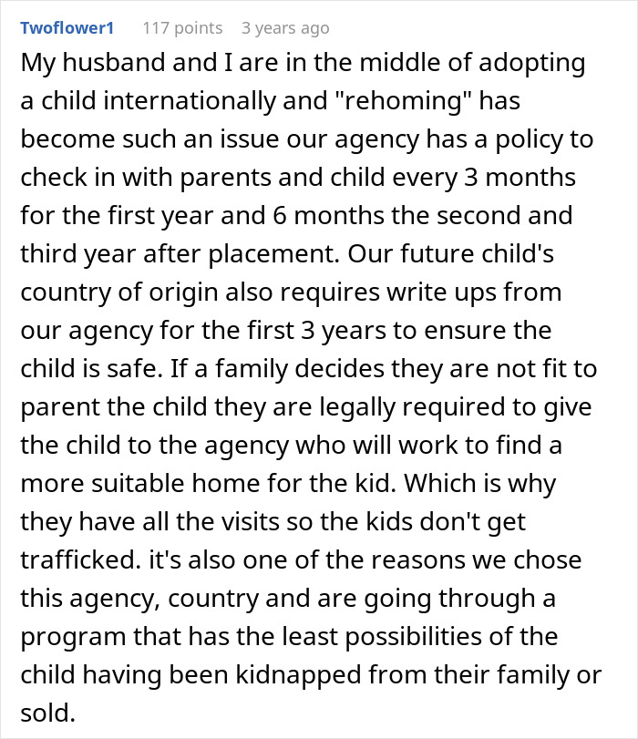 Screenshot of a Reddit comment discussing adoption challenges and legal steps for rehoming an adopted child safely. Screenshot of a Reddit comment discussing adoption challenges and legal steps for rehoming an adopted child safely.