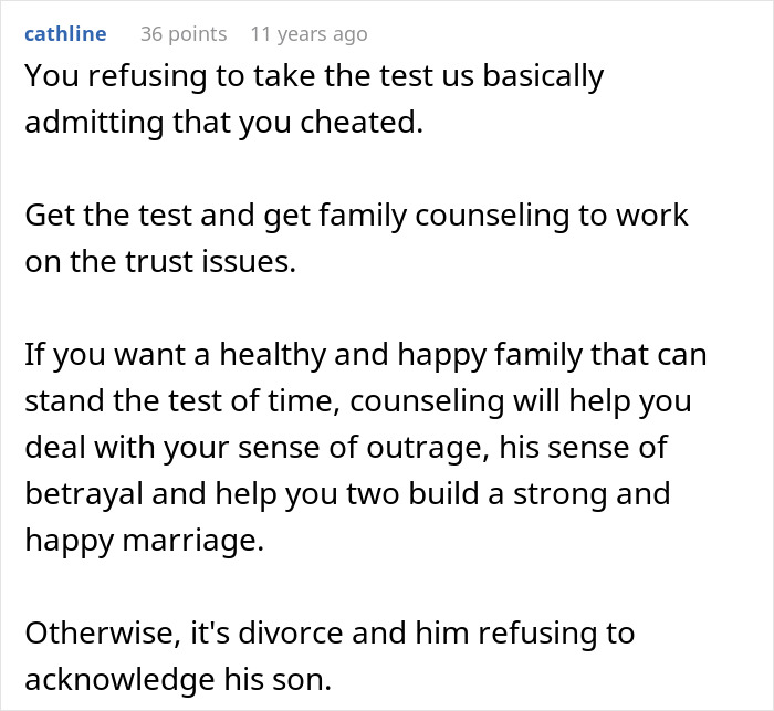 Comment about secret paternity test and family counseling addressing trust issues in marriage.