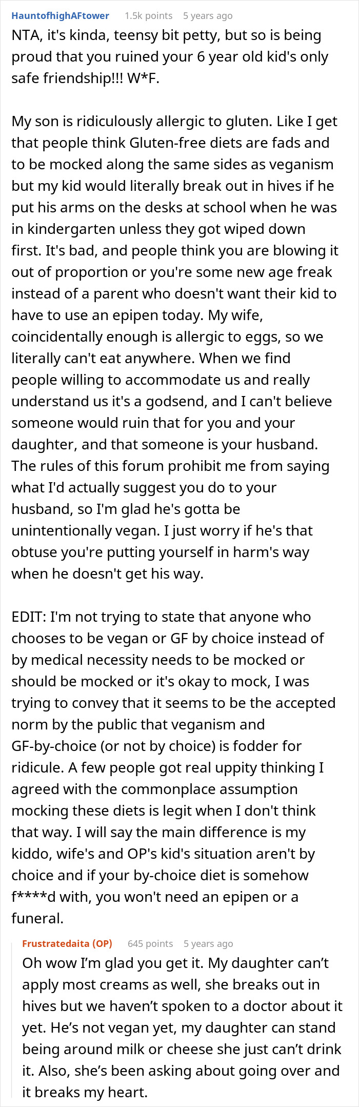 Reddit comments discussing wife punishing vegan-hating husband for ruining daughter's only friendship due to allergies.