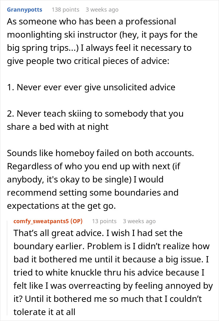 Conversation discussing men abandoning partners during outdoor activities with advice on boundaries and expectations.