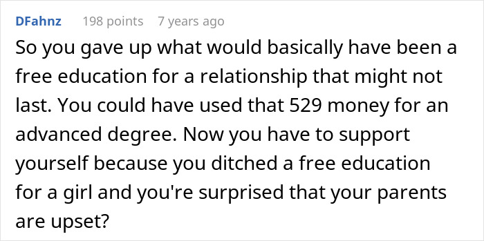 Reddit comment discussing parents refusing to support their son&rsquo;s decision risking future over teenage love and education.