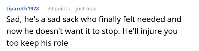 Screenshot of an online comment discussing a helpful neighbor lying about being a woman's caretaker and causing her unease.