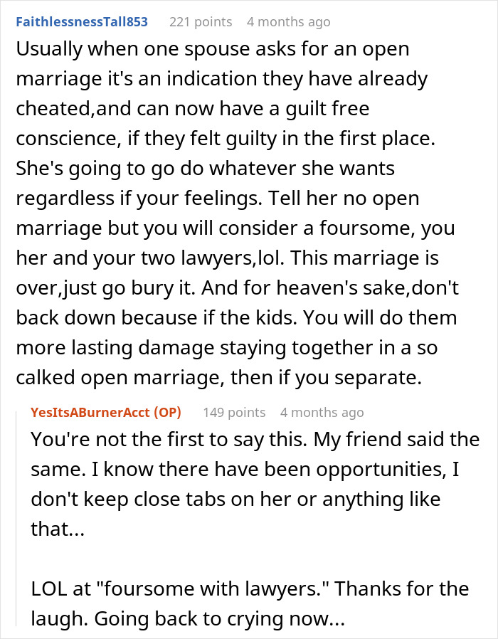 Text conversation discussing open marriage and divorce considerations after wife says husband doesn&rsquo;t excite her, causing emotional distress.