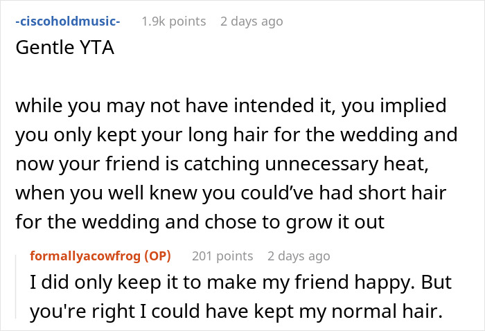 Reddit comment discussing woman buzzing her hair after friend&rsquo;s wedding and assumptions about growing it out.