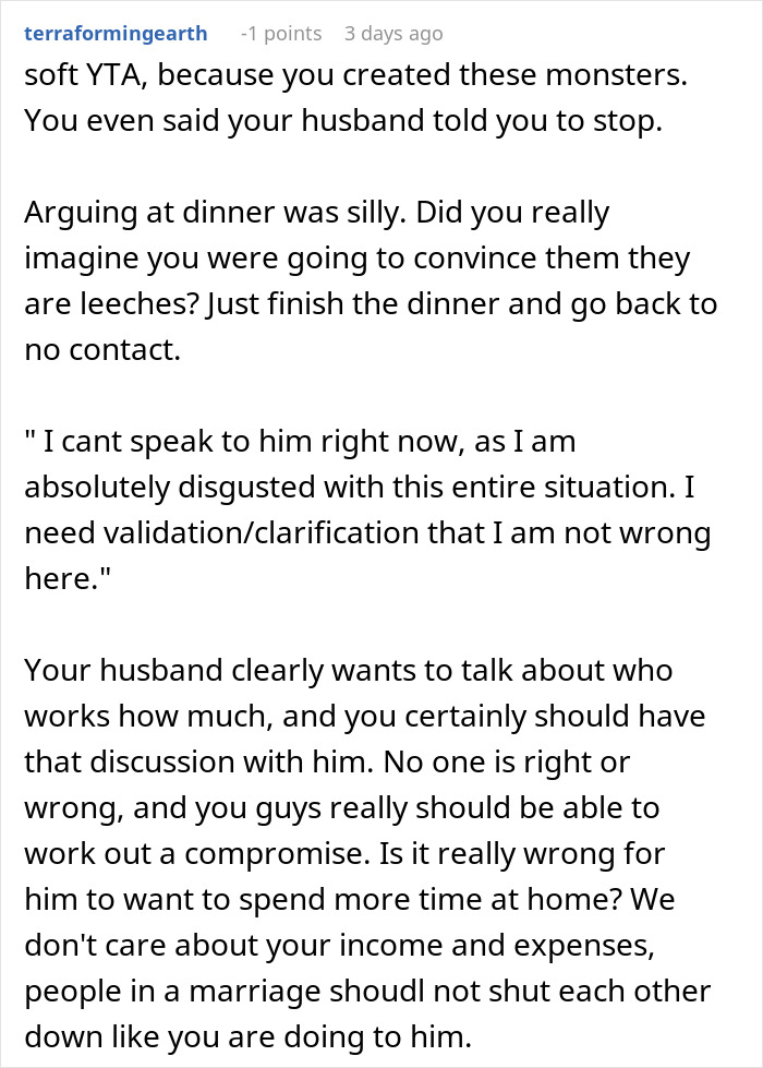 Comment discussing a woman standing up to her husband's entitled family over not having a job, seeking validation. Comment discussing a woman standing up to her husband's entitled family over not having a job, seeking validation.
