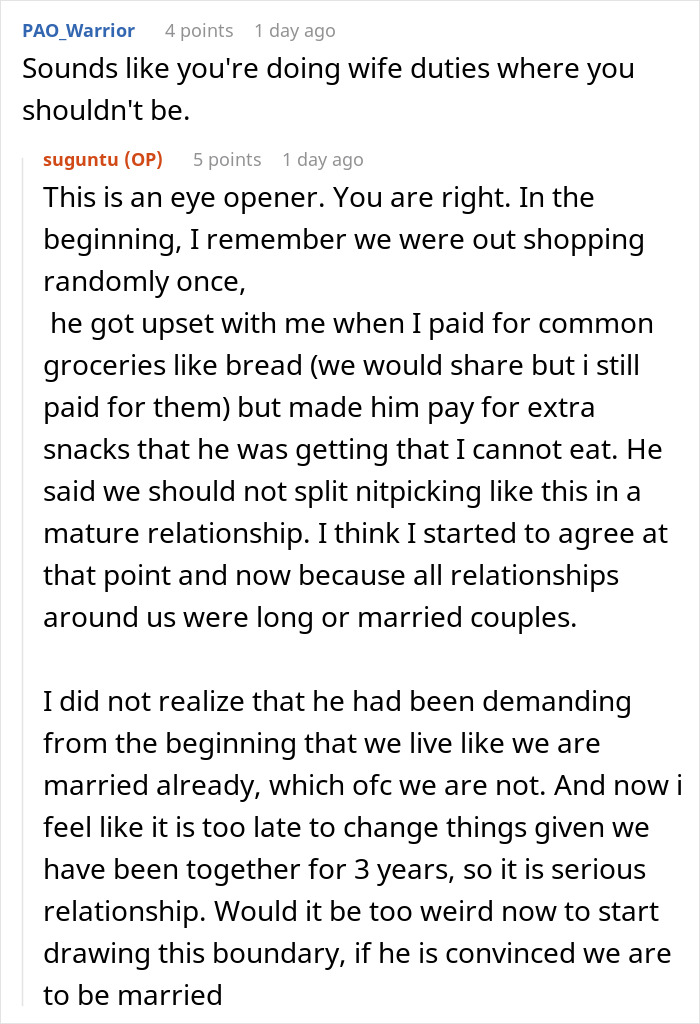 Reddit conversation about a guy paying 50% for meals and groceries while his girlfriend feels he takes her food share too.