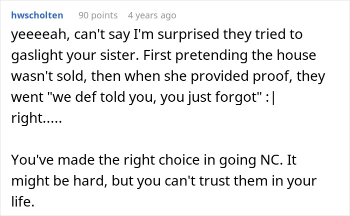 Screenshot of a social media comment discussing family conflict and trust issues related to a sibling's wedding and honeymoon plans. Screenshot of a social media comment discussing family conflict and trust issues related to a sibling's wedding and honeymoon plans.