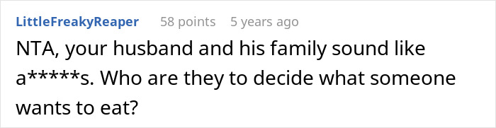 Comment on a forum post discussing a vegan-hating husband and family conflicts over dietary choices affecting daughter's friendship.