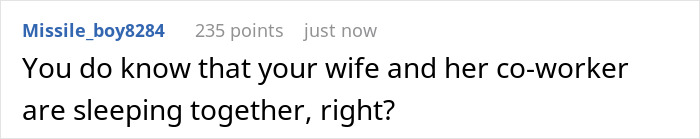 Comment text on a white background discussing a wife missing husband's surgery to support a coworker during divorce.