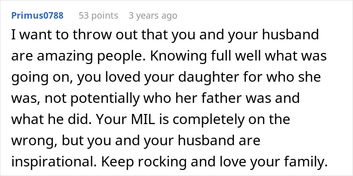 Comment praising a couple for loving their daughter despite MIL secretly DNA testing the grandchild and causing family conflict.