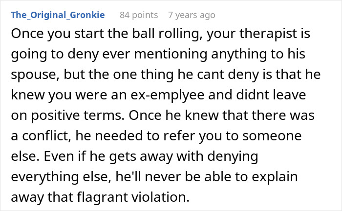 Text from a forum post explaining how a therapist connected to the boss shares information about an ex-employee.