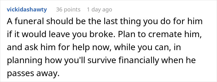 Comment about husband lying about inheritance and wife facing financial struggle after caregiving in an online discussion.