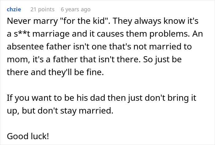 Comment discussing absentee father issues and marriage advice after dad doubts paternity of his 12-year-old son.