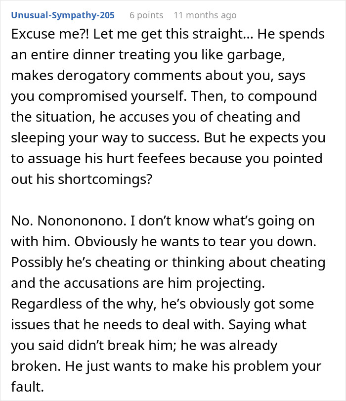 Screenshot of a forum comment discussing a man dismissing his girlfriend&rsquo;s career milestone and accusing her of sleeping her way to success.
